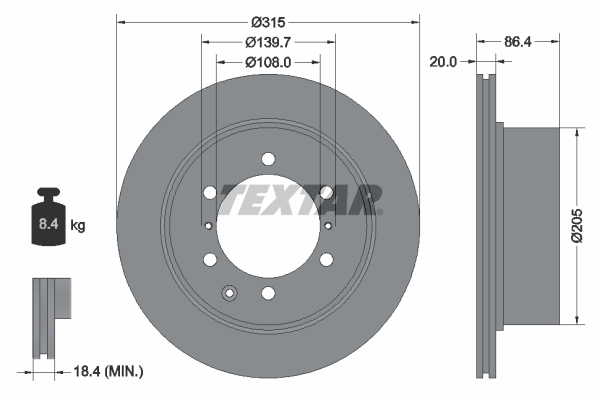 Disc frana Spate Dreapta/Stanga TEXTAR Hyundai Terracan 2.5D/2.9D/3.5 315mm 6 gauri 20mm grosime ventilat intern