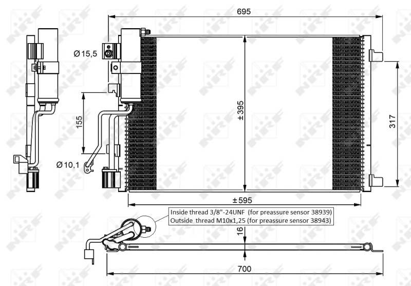 Condensator climatizare NRF aluminiu Nissan Qashqai I 1.5D/2.0D 02.07-04.14 Inaltime 395mm Latime 595mm Grosime 16mm