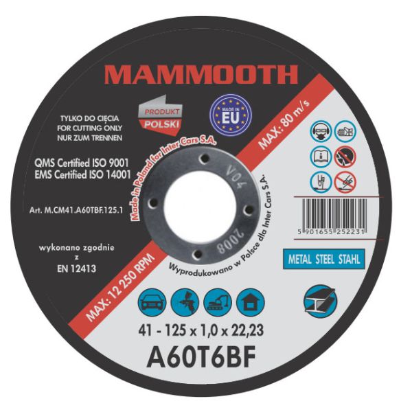 Suport disc abraziv polizor MAMMOOTH A60T6BF 125mm grosime 1mm forma Drept 25buc pentru metal/otel