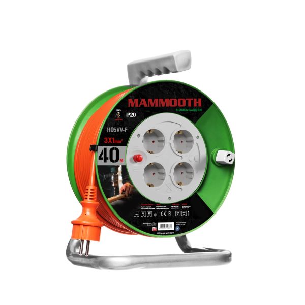 Prelungitor electric tambur plastic gradina 40m 230V 3x1,5mm² 4 prize F schuko 1380/3680W IP20 MAMMOOTH