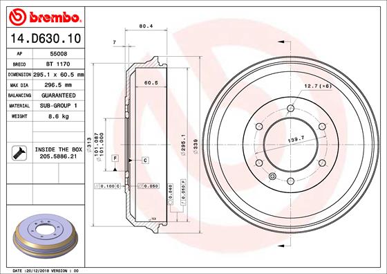 Tambur frana BREMBO ISUZU D-MAX I 2.5D/3.0D 05.02-06.12 Diametru interior 295 mm Inaltime 80.4 mm 6 gauri montaj 101 mm