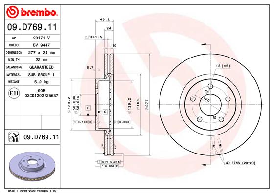 Disc Frana BREMBO Fata Dreapta/Stanga SUBARU IMPREZA 1.6/2.0 10.16- Diametru 277mm Grosime 24mm 5 Gauri Ventilat Intern