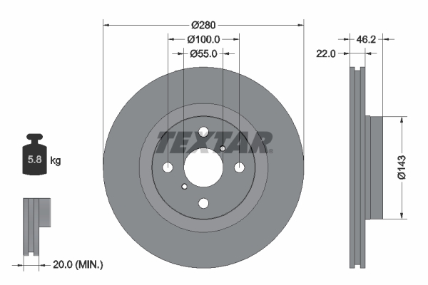 Disc Frana Fata Dreapta/Stanga TEXTAR TOYOTA YARIS 1.5/1.5H 03.12- Diametru 280mm Grosime 22mm Ventilat Intern 4 Gauri