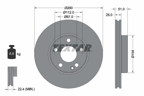 Disc frana TEXTAR Fata Dreapta/Stanga Mercedes A W176 B W246 CLA C117 280mm 25mm 5 gauri ventilat intern