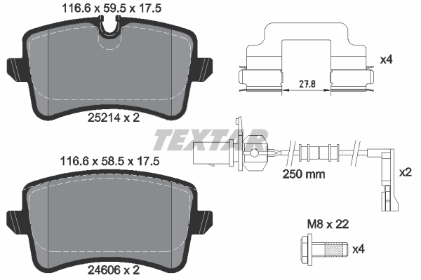 Set placute frana disc Spate TEXTAR AUDI A8 D4 2.0-6.3 11.09-01.18 Inaltime 59.5mm Latime 116.6mm Grosime 17.5mm