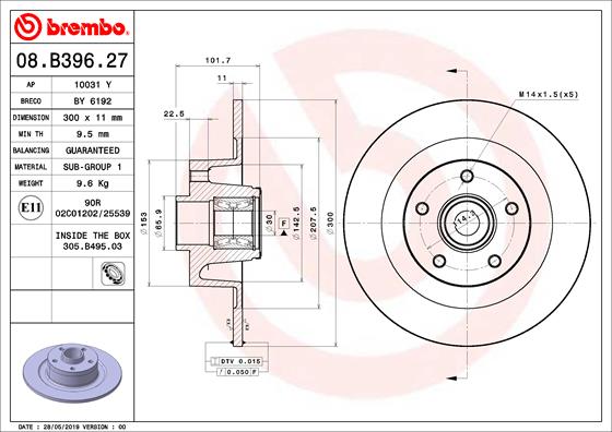 Disc frana BREMBO Spate Dreapta/Stanga cu rulment inel ABS Renault Laguna Latitude 1.5D-3.5 09.08- Diametru 300mm 5 gauri