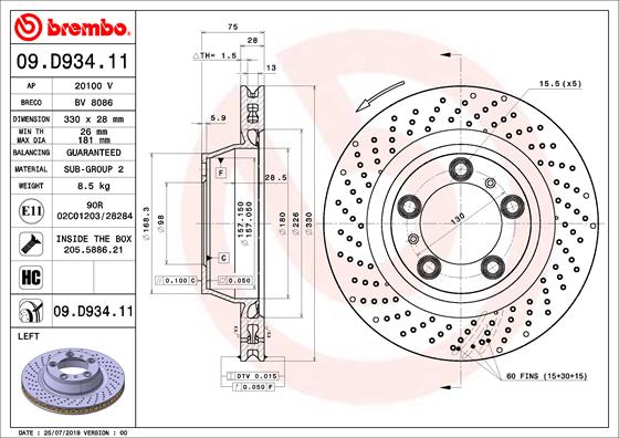 Disc frana BREMBO Stanga Porsche 911 TARGA 3.4 12.11- Diametru 330mm Grosime 28mm Spate Ventilate Perforata 5 Gauri Suruburi