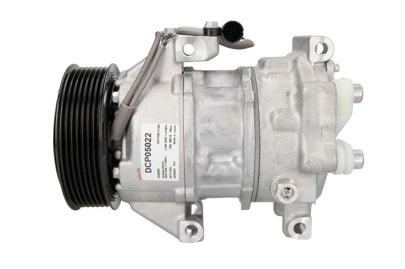 Compresor climatizare DENSO BMW MINI 128mm înălțime 195mm lungime 105mm diametru fulie 7 caneluri refrigerant R134a ambreiaj magnetic