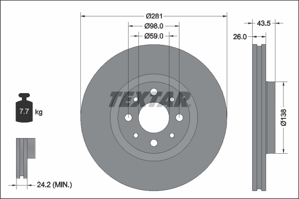 Disc frana TEXTAR ventilat interior Fata FIAT 500/500E 281mm 43.5mm 26mm 127mm 59mm 4 gauri 98mm 24.2mm 13.2mm