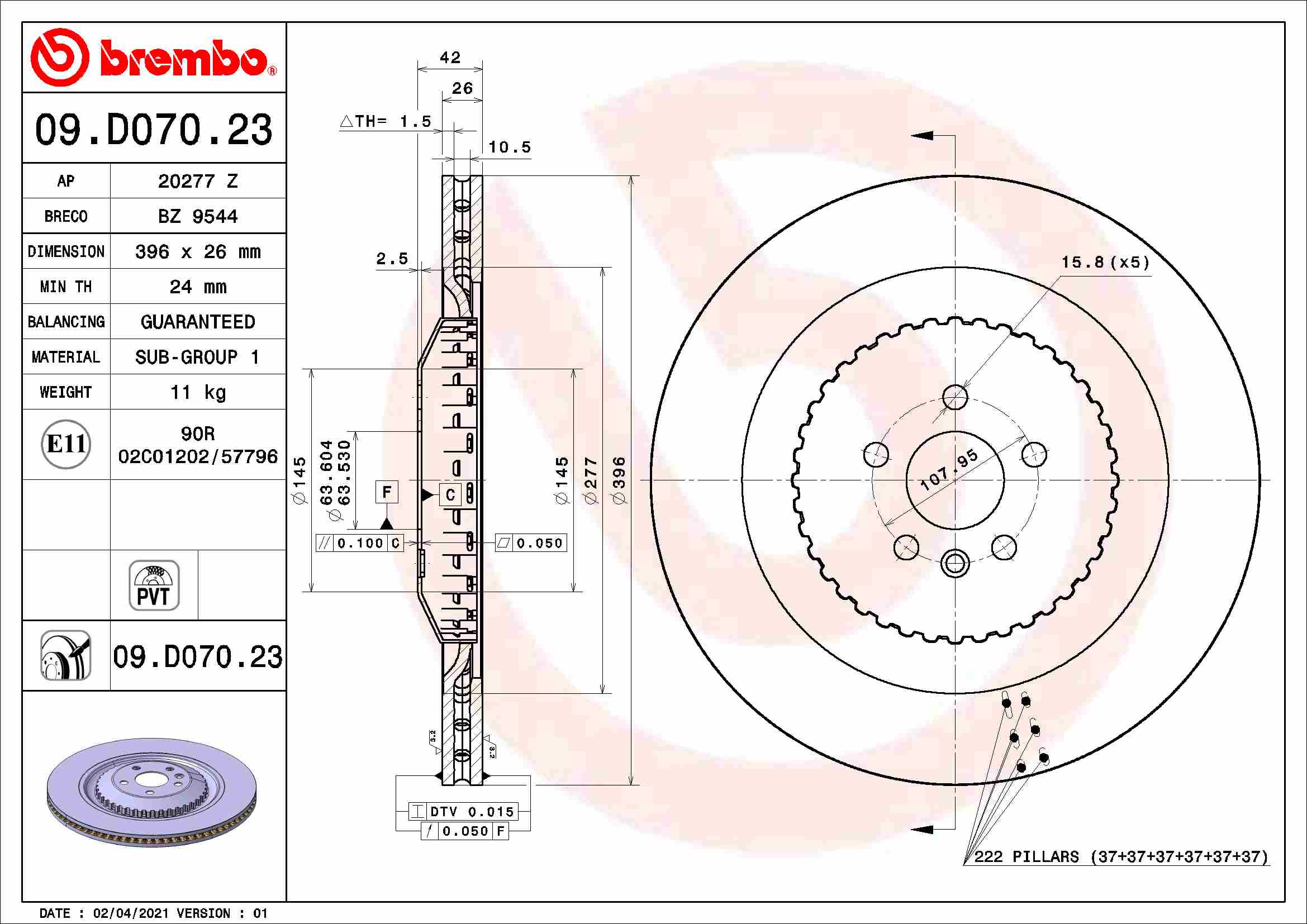 Disc frana BREMBO Spate Dreapta/Stanga LAND ROVER RANGE ROVER VELAR 5.0 396mm 5 gauri ventilat intern 26mm grosime compatibil JAGUAR