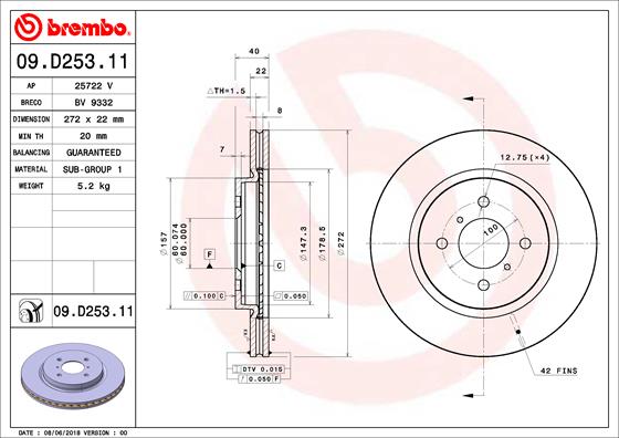 Disc Frana Fata Dreapta/Stanga BREMBO SUZUKI SWIFT IV 1.2 10.10- Diametru 272mm Grosime 22mm 4 Gauri Ventilat Intern