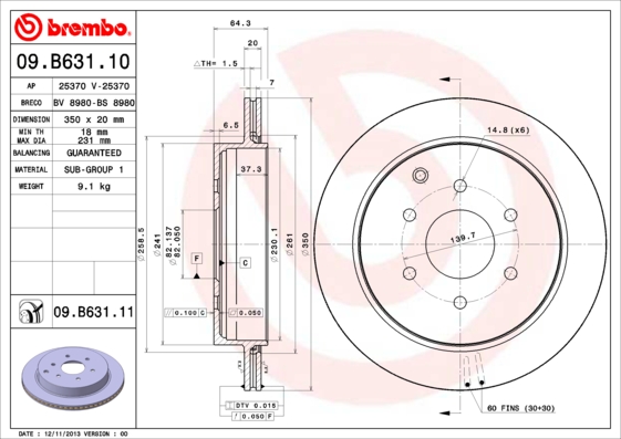 Disc frana BREMBO INFINITI QX56 NISSAN PATROL VI 5.6 04.10- Diametru 350mm Inaltime 64mm Pozitie Spate 6 Gauri Ventilat Intern