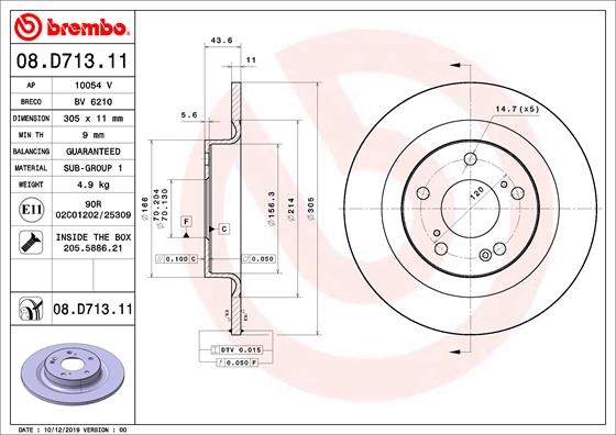 Disc Frana Spate Dreapta/Stanga BREMBO Honda Civic X 2.0 06.17- Diametru 305mm Inaltime 44mm Grosime 11mm 5 Gauri