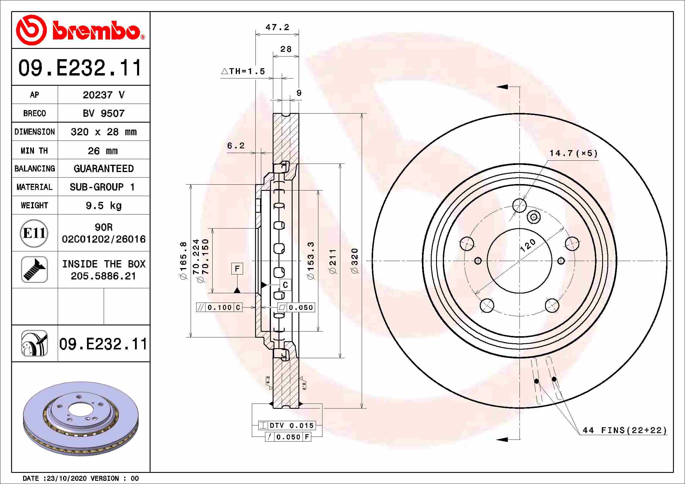 Disc Frana BREMBO Ventilat Interior 320mm Diametru Exterior 28mm Grosime 5 Gauri Montare Fata Dreapta/Stanga Cu Suruburi