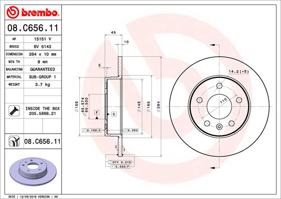 Disc Frana Spate Dreapta/Stanga Opel Meriva A Zafira B 264mm 5 Gauri 10mm Grosime BREMBO