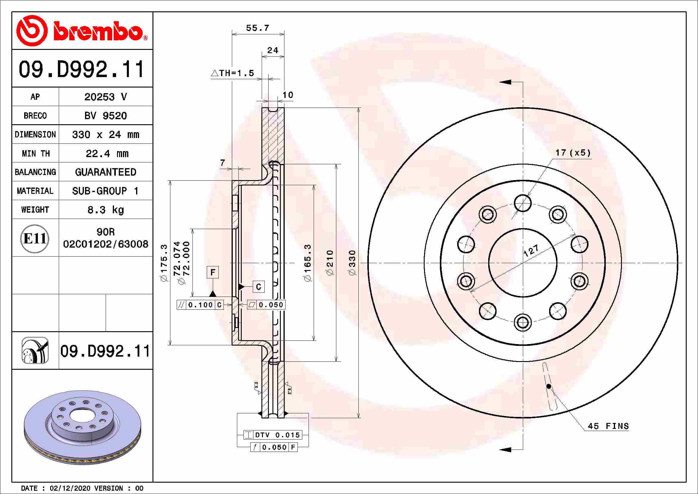 Disc frana BREMBO JEEP 330mm ventilat intern 5 gauri fata dreapta/stanga grosime 24mm inaltime 55.7mm diametru centrare 72mm