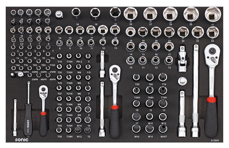 Unelte inserturi carucioare SONIC set instrumente 1/2 1/4 3/8 139 buc dimensiune cartus 570x370 mm