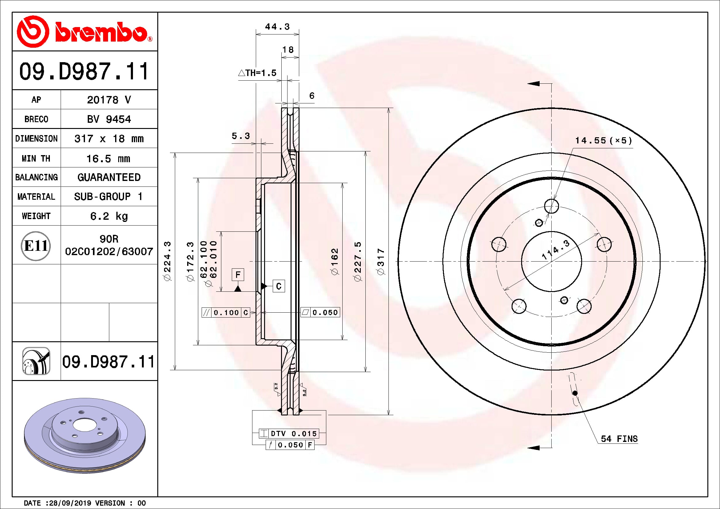 Disc frana spate ventilat intern BREMBO 317mm 5 gauri SUZUKI ACROSS TOYOTA RAV 4 V 2.0/2.5/2.5H 12.18-