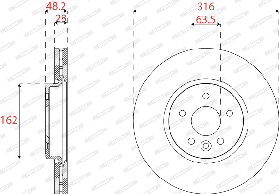 Disc frana FERODO Fata Dreapta/Stanga JAGUAR XE 2.0/2.0D 03.15- Diametru 316mm Inaltime 48mm Ventilate 5 Gauri