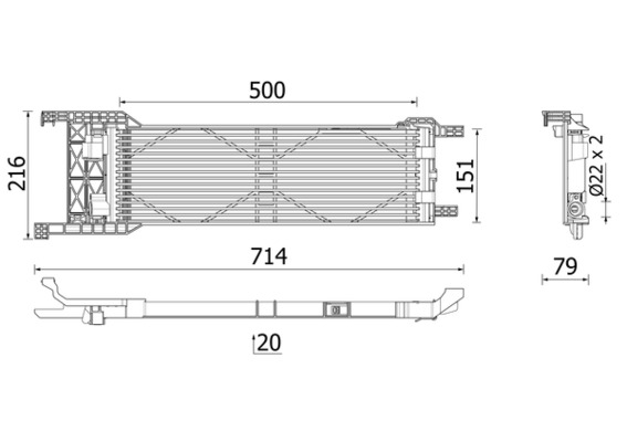 Radiator ulei motor MAHLE Alfa Romeo Inaltime 500mm Latime 151mm Grosime 20mm Diametru admisie 22mm evacuare 22mm