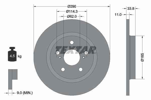 Disc frana Spate Dreapta/Stanga Toyota Avensis 1.6-2.2D 11.08-10.18 TEXTAR 290mm 33.8mm 11mm 5 gauri