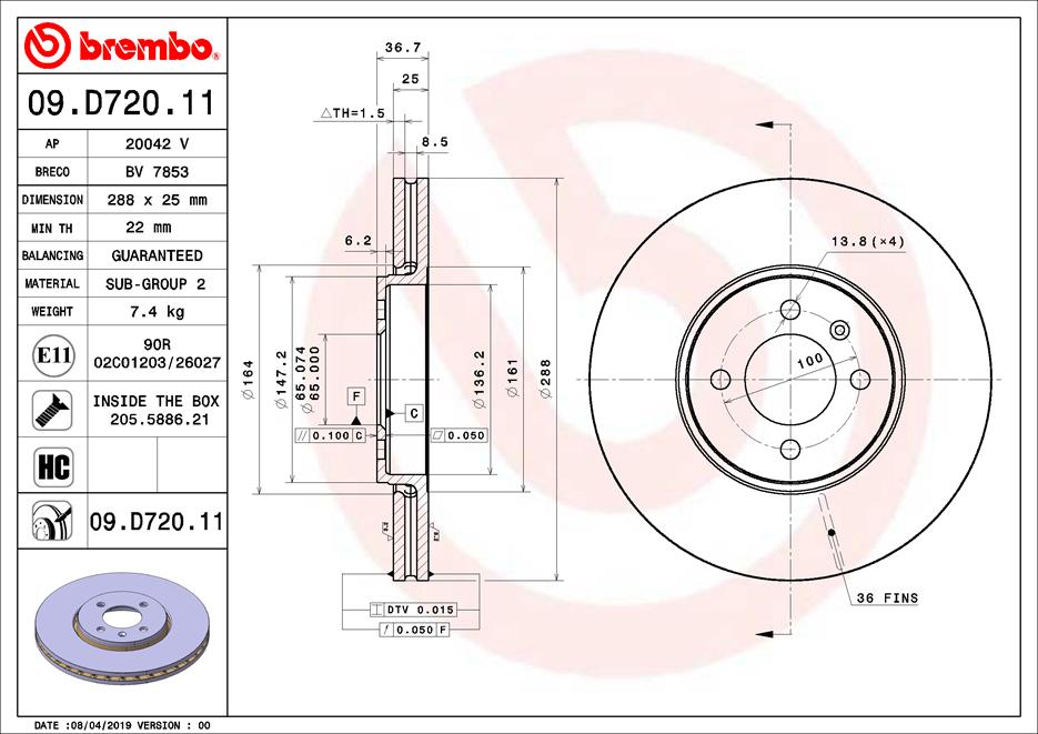 Disc frana BREMBO Fata Dreapta/Stanga VW UP! 1.0 11.17- Diametru 288mm Grosime 25mm 4 Gauri Ventilat Intern