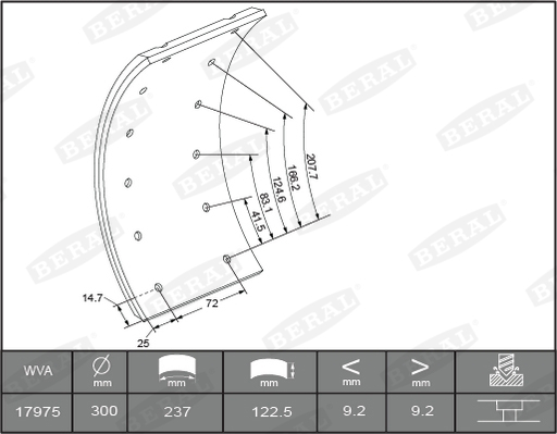 Set garnituri frictiune frana tambur BERAL 300x122 MERCEDES T2/LN1 04.86-12.94 122mm 10.2mm 300mm 140mm 52 nituri