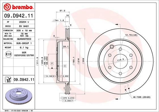 Disc frana BREMBO Spate Dreapta/Stanga MERCEDES X 470 2.3D/3.0D 09.17- Diametru exterior 308mm Grosime 18mm Ventilat Intern