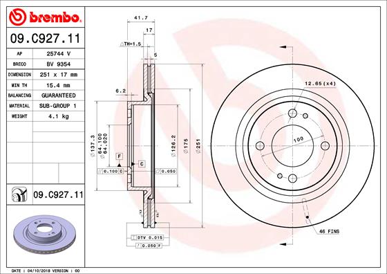 Disc Frana BREMBO Fata Dreapta/Stanga Mitsubishi Mirage/Space Star VI 1.0/1.2 05.12- Diametru 251mm Grosime 17mm Ventilat Intern