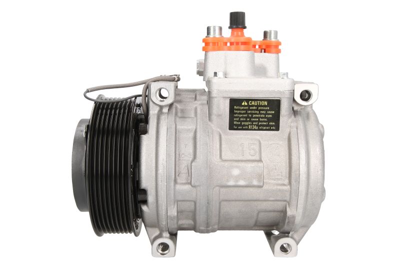 Compresor climatizare DENSO John Deere 10PA15C R134a 12V 170ml 4 găuri 8 nervuri fulie Ø120mm 128mm înălțime 205mm lungime