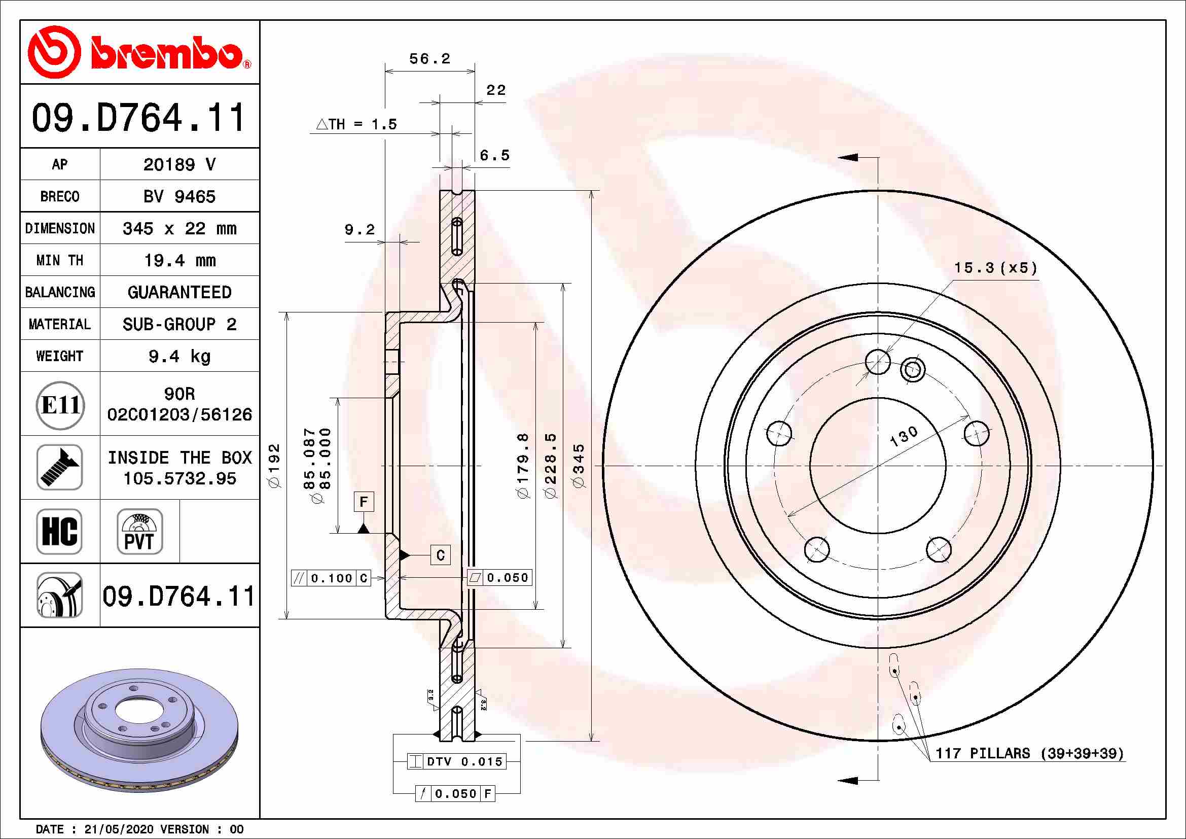 Disc frana ventilat intern spate BREMBO MERCEDES G W463 2.9D/4.0 345mm 5 gauri 22mm 85mm 56mm 01.18-