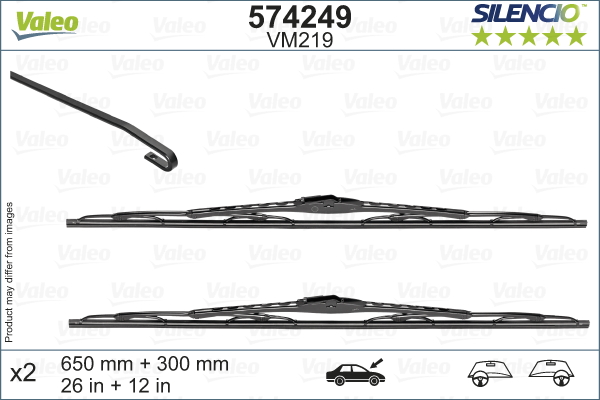 Lamela ștergător VALEO Silencio față 650mm/280mm 2buc NISSAN NOTE 06.13- tip pivotant cârlig ștergător arcuit