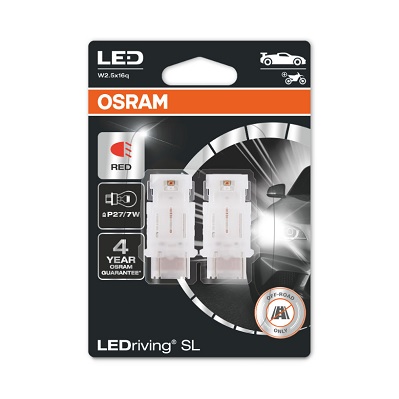 Bec LED OSRAM P27/7W 12V 1,4W W2,5X16Q LEDriving SL rosu ambalaj blister 2buc auxiliar lampa