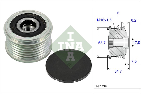 Sistem roata libera generator INA OPEL MERIVA B 1.4/1.4LPG 06.10-03.17 diametru interior 17.0 mm exterior 53.7 mm latime 34.7 mm striatii 6.0