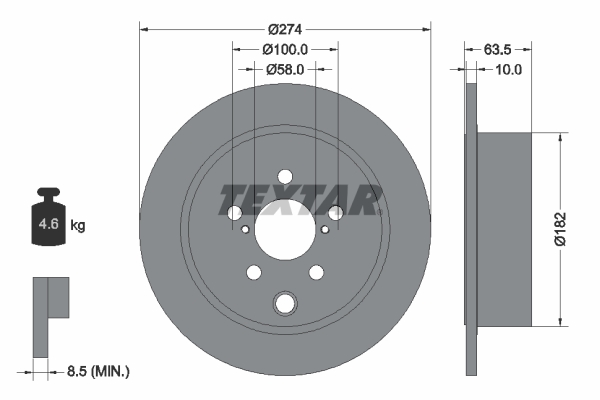 Disc frana TEXTAR Spate Dreapta/Stanga fara pivot Subaru Forester Impreza XV 1.6-2.5 03.12 Diametru 274mm Grosime 10mm