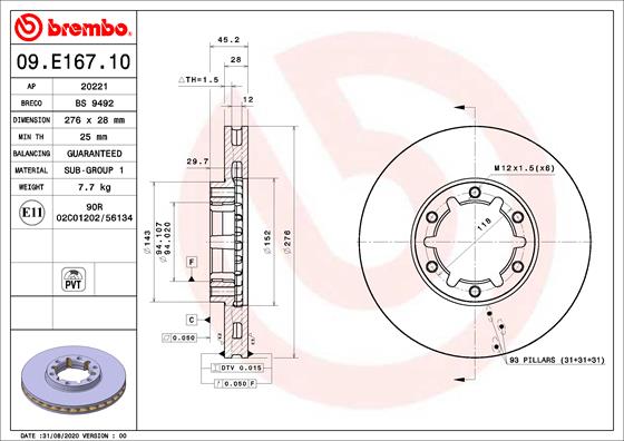 Disc frana BREMBO Fata Dreapta/Stanga NISSAN CABSTAR NT400 276mm 6 gauri Ventilat Intern