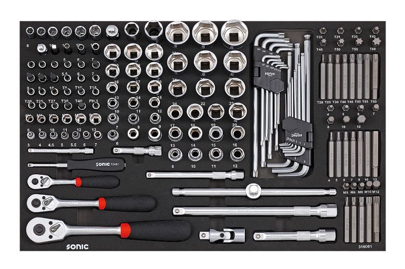 Unelte inserturi carucioare SONIC set instrumente 1/2 1/4 3/8 160 piese dimensiune cartus 570x370 mm