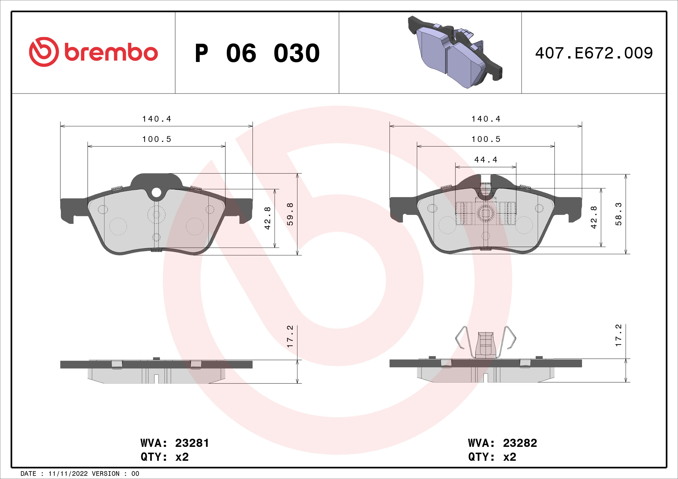 Set placute frana disc BREMBO MINI R50 R53 R52 1.4D 1.6 Fata 140mm Latime 59mm Inaltime 18mm Grosime Senzor uzura Da