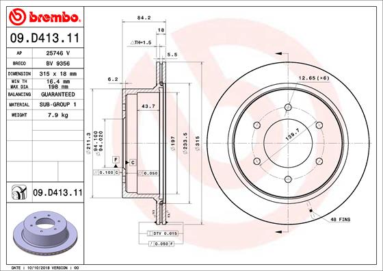 Disc frana BREMBO Spate Dreapta/Stanga Mitsubishi Pajero Sport II 2.5D/3.0 07.08- Diametru 315mm 6 Gauri Ventilat Intern