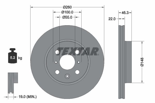 Disc frana TEXTAR fata ventilat intern 260mm grosime 22mm Toyota Aygo X 1.0 03.22- 4 gauri 55mm centrare 100mm asezare