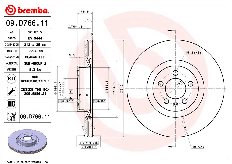 Disc Frana Fata Dreapta/Stanga BREMBO VW POLO VI 2.0 11.17- Diametru Exterior 312mm Grosime 25mm 5 Gauri Ventilat Intern