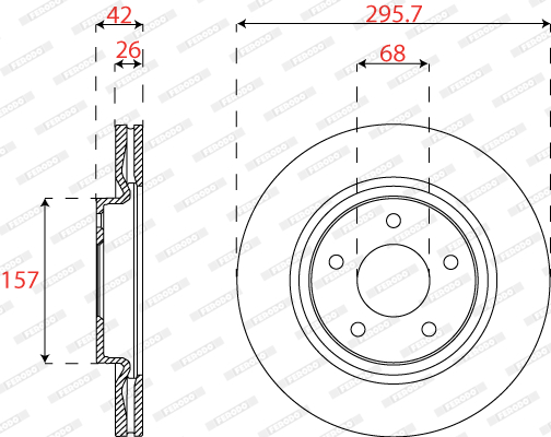 Disc Frana Ventilat FERODO Set 2 Buc Fata Dreapta/Stanga Nissan Juke Pulsar 1.6 Diametru 296mm Grosime 26mm 5 Gauri