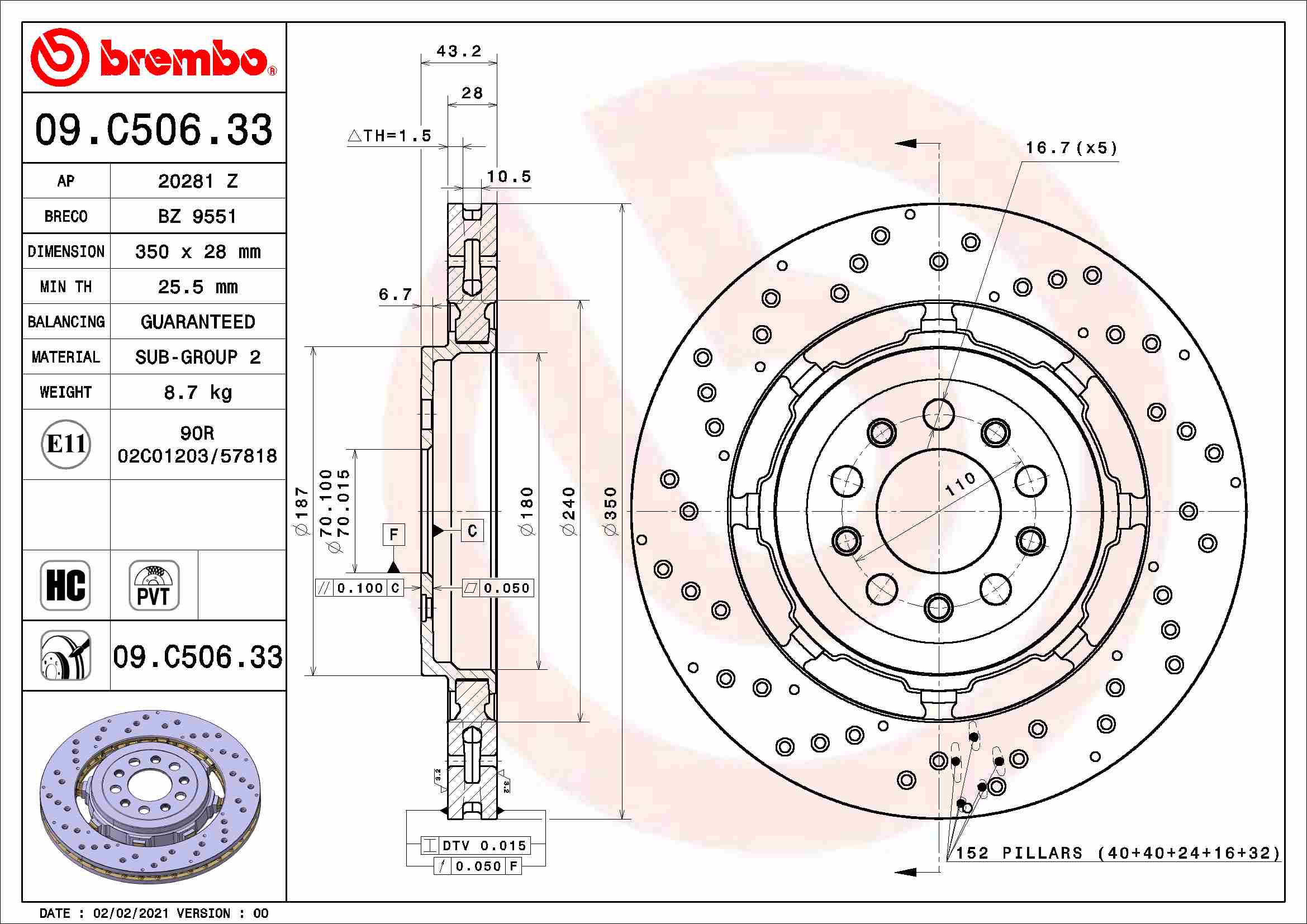 Disc frana BREMBO ventilat intern ALFA ROMEO GIULIA STELVIO 2.9 10.15- diametru 350mm grosime 28mm 5 gauri montare spate dreapta/stanga