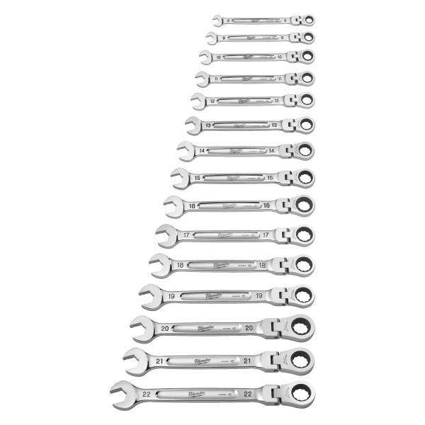 Set chei MILWAUKEE combinate cu clichet, cotite, pivotante, 6-Point/Bi-hexagonale, dimensiuni metrice 8-22 mm, finisaj oglinda