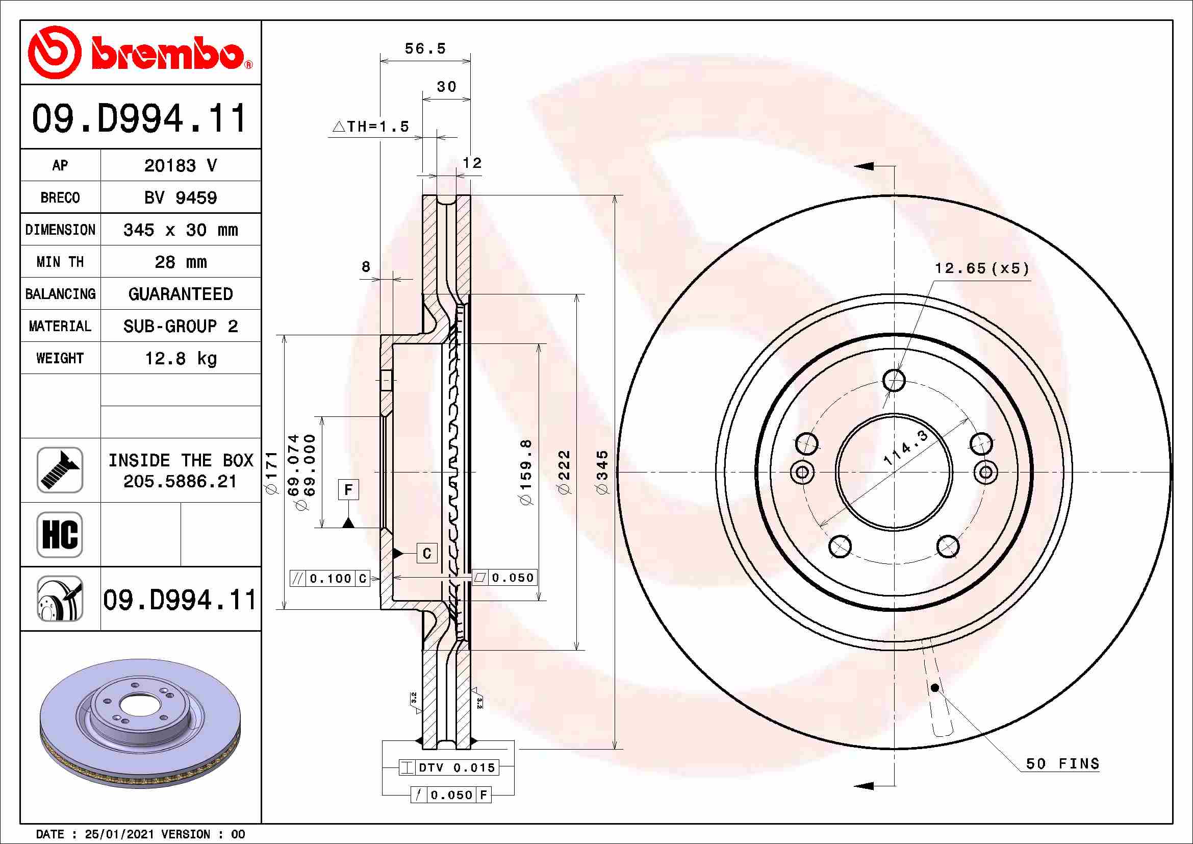 Disc Frana BREMBO Fata Dreapta/Stanga KIA STINGER 2.0 06.17- Diametru 345mm Grosime 30mm 5 Gauri Ventilat Intern