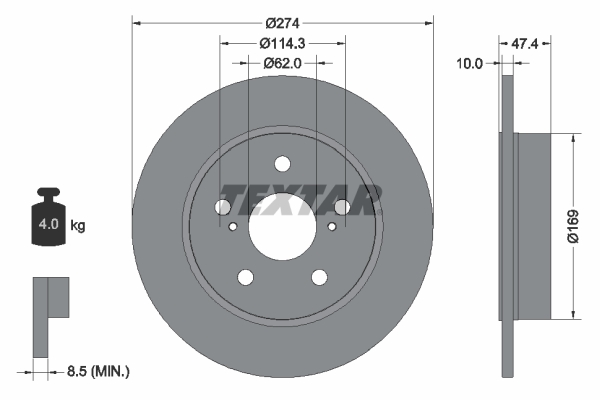 Disc frana TEXTAR Spate Dreapta/Stanga SUZUKI SWACE TOYOTA COROLLA 1.2/1.8H/2.0H 274mm 5 gauri 10mm grosime