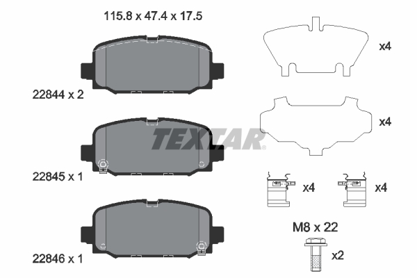 Set placute frana spate compatibil JEEP Compass 1.4-2.4 03.17- TEXTAR inaltime 47.4mm latime 115.8mm grosime 17.5mm senzori uzura Da cu accesorii