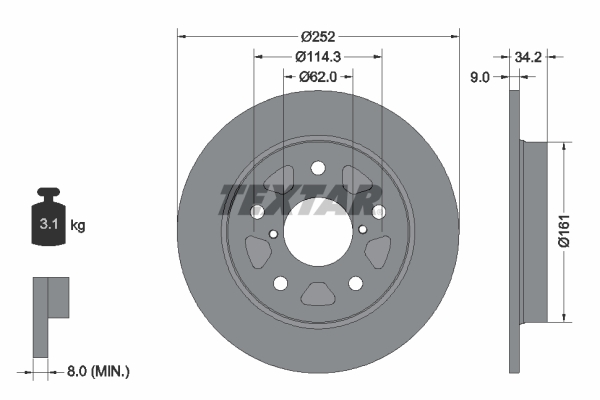 Disc frana TEXTAR Spate Dreapta/Stanga Suzuki Swift V 1.4H 252mm 5 Gauri 9mm Grosime 62mm Diametru Centrare