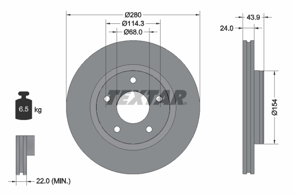 Disc frana TEXTAR ventilat intern fata 280mm NISSAN JUKE PULSAR SENTRA VII TIIDA 1.2/1.5D/1.6 06.10- 5 gauri 68mm 114.3mm 24mm grosime 43.9mm inaltime