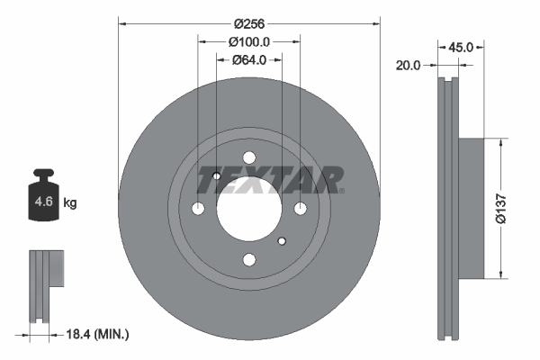 Disc frana TEXTAR Fata Dreapta/Stanga MITSUBISHI COLT VI 1.1-1.5D 256.0 mm 45.0 mm 20.0 mm 4 gauri